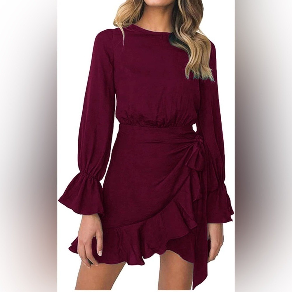 Long Sleeve Round Neck Ruffles Wrap Party Dresses Size L/XL Long Sleeve
